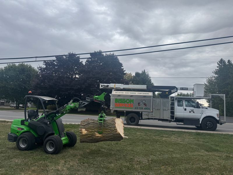Bisson Services green loader carrying a log beside the branded Bisson bucket truck