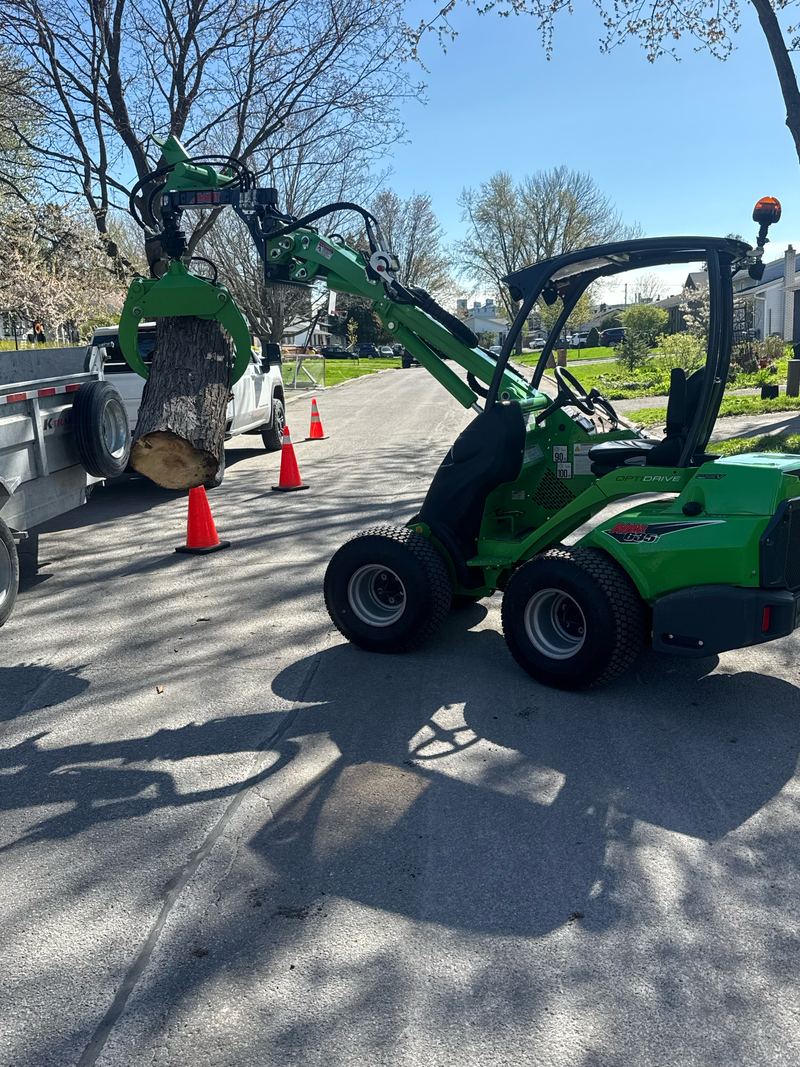Green Bisson loader hauling a large log down a coned-off street during cleanup